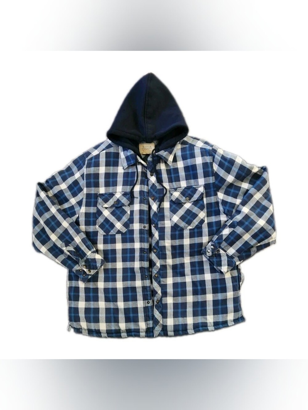 Boston Traders Men’s L Plaid Blue Hooded Lined Shacket Jacket Quilted Button Zip